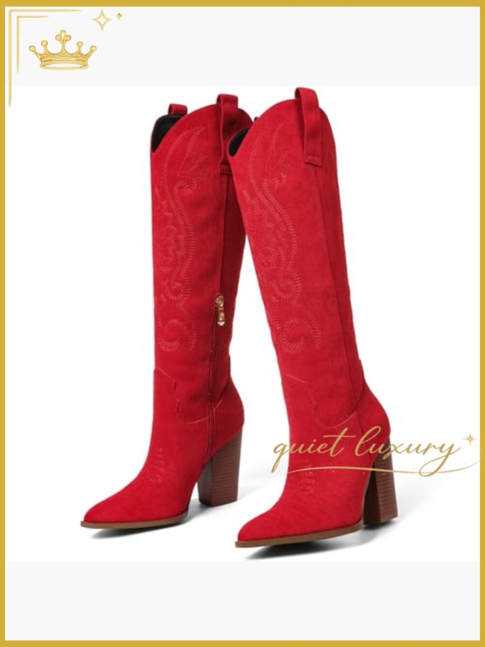 Knee High Cowboy Boots Pointed Toe Chunky Heel Pull-on Embroidered Wide Calf - Picture 6 of 7